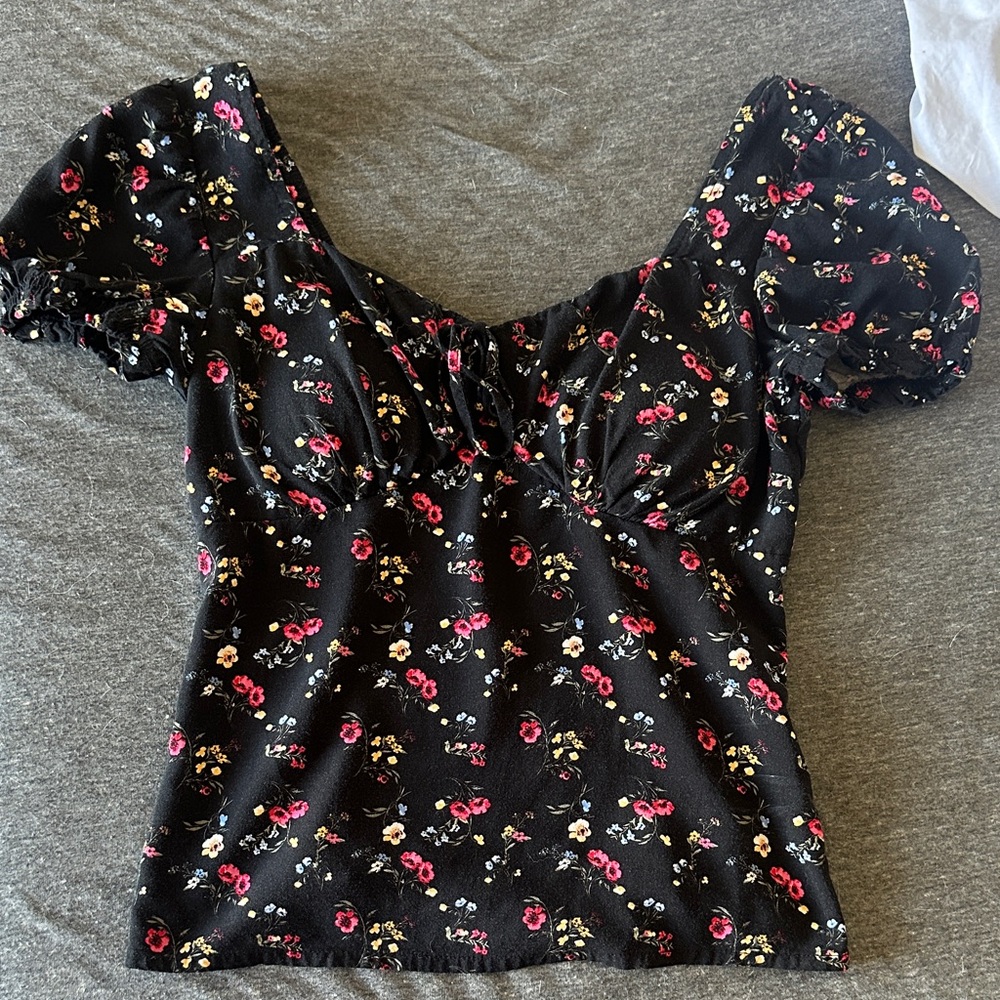 Floral Ruched Black Blouse